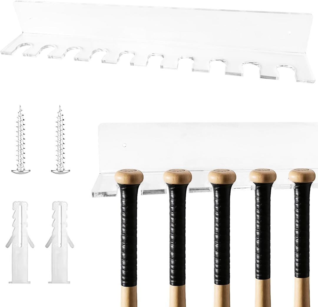 Clear Acrylic Mini Baseball Bat Display Rack Wall Mount,10 Bat Capacity, 15 3/8 x 2 x 2 Inch, Vertical Hanger with 0.7-0.8 Inch Top Diameter, Durable Hanging Organizer for Collectible Bats