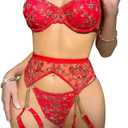 3 Piece Red Floral Embroidery Lingerie Set for Women, Sexy Underwire Bra with Garter Belt & Chain Straps, Sheer Mesh Bodystocking for Valentine's Day & Honeymoon (Red) S-M