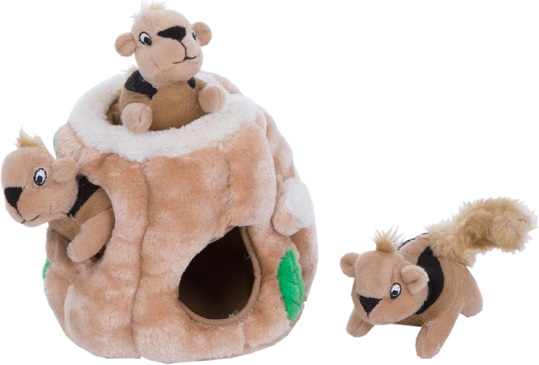 Outward Hound Hide-A-Squirrel Dog Toy  Interactive 2in1 Plush Puzzle with 3 Squeaky Removable Squirrels, Small