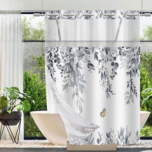 No Hook Shower Curtain and Liner Set, Blue Grey Eucalyptus Floral Shower Curtains for Bathroom, Bath Curtain Sets with Snap in Liner, Waterproof with See Through Top Window, 71x84 Inches