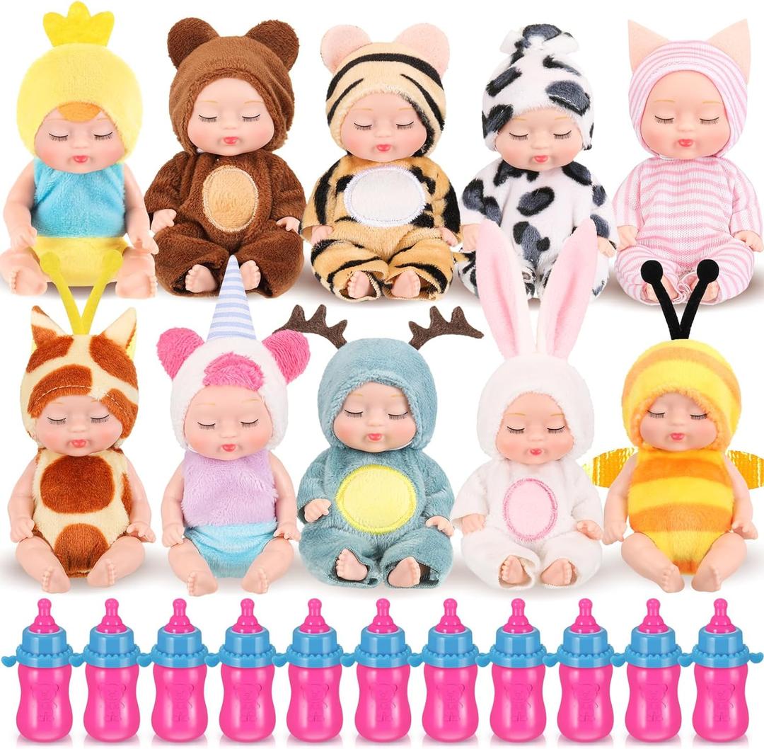 Retrowavy 10 Pcs 4 Inch Mini Baby Dolls Realistic Tiny Baby Doll Animal Clothes Cute Infant Figurine Gifts Set with 10 Pcs Nursing Bottles for Boys Girls Toddlers Kids 3+ Birthday Gift Big Fillers