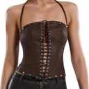 WDIRARA Women's PU Leather Lace Up Halter Top Vintage Western Sleeveless Backless Camisole Tops, Small
