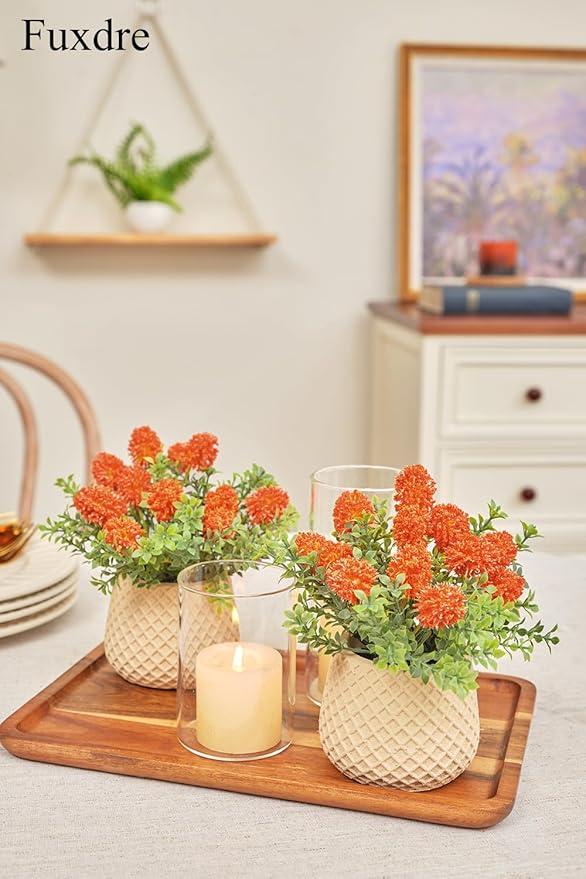 Fuxdre Fake Plants Small with 2 Pack, The Goleden Ball Flower for Bathroom Shelf Decor, Decorative Plants for Home Living Room Office Bedroom Table Tray Shelve Farmhouse Decor Indoor(Orange)