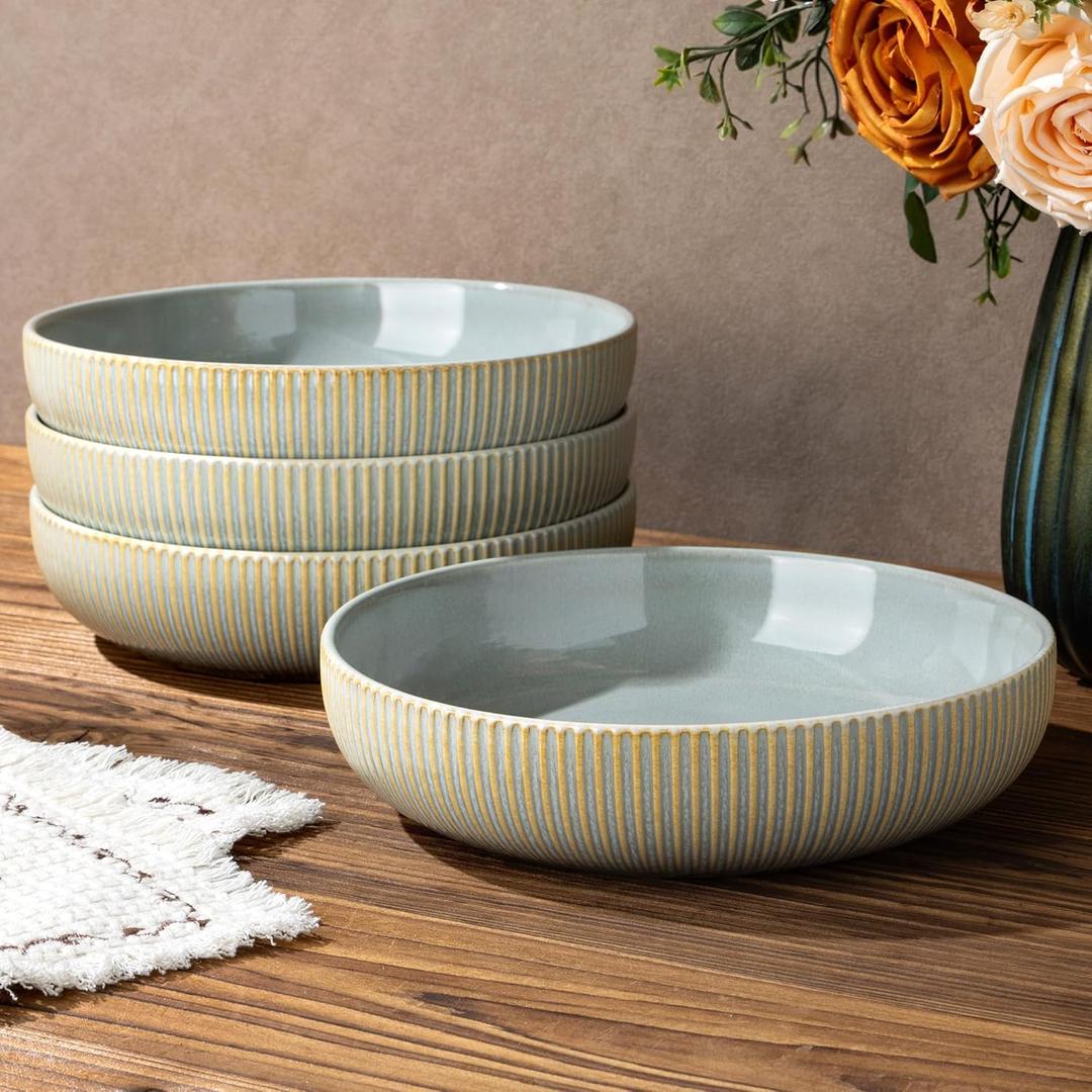 theterra 8.5'' Ceramic Pasta Bowls, Salad Bowls Set of 4, Stoneware Serving Bowls for Fruits, Noodle, Dinner, House-warming Wedding Present, Desert Sage