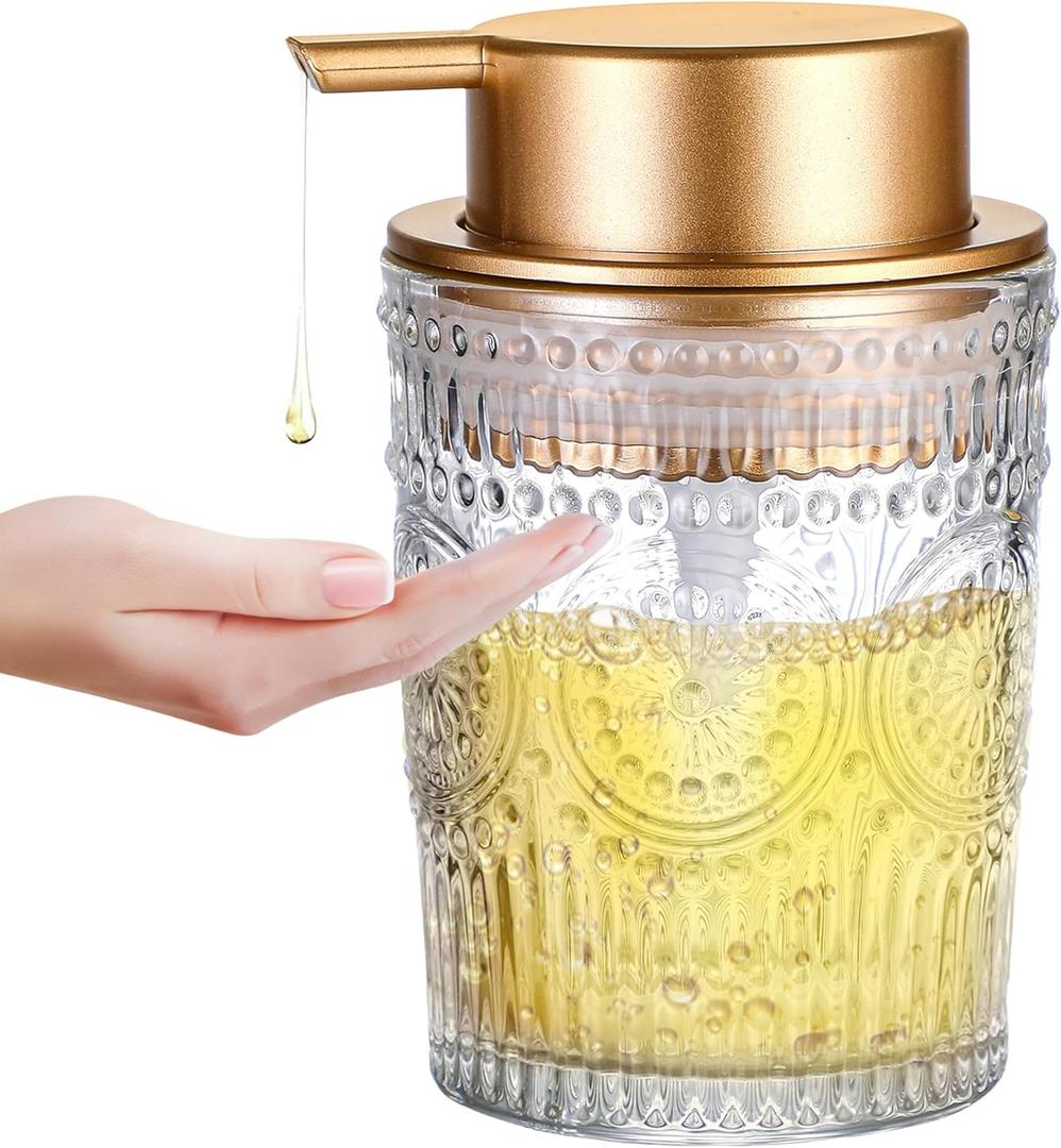 8 Oz Glass Dish Soap Dispenser, Clear Hand Liquid Bottle with Gold Plastic Pump, Refillable Round Dish Lotion Dispensing for Kitchen Sink & Bathroom Counter (Liquid Dispenser)