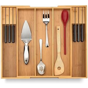 Purawood Kitchen Drawer Organizer with Knife Blocks - Utensil Drawer Organizer for Kitchen, Cutlery Tray & Silverware Organizer, 3-5 Slots - Bamboo Organizer for Utensils & Flatware (Natural)