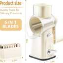 Rotary Cheese Grater with Handle, Vegetable Shredder with 5 Replaceable Blades & Strong Suction Base, Round Food Slicer & Chopper for Kitchen Fruit Vegetables Nuts with Blade Storage Box (Beige)
