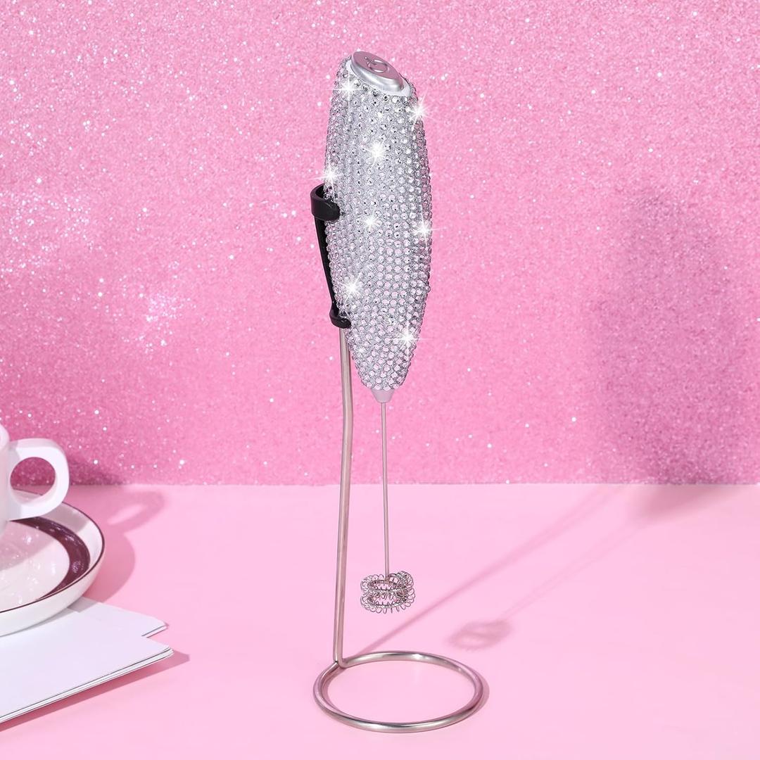 Rhinestone Milk Frother with Stand Sparkly Handheld Battery Operated Electric Foam Maker with Bling Handle, Single Coil Head Whisk Coffee Lattes Mixer Lattes Gifts for Mom Mothers Day(Silver)
