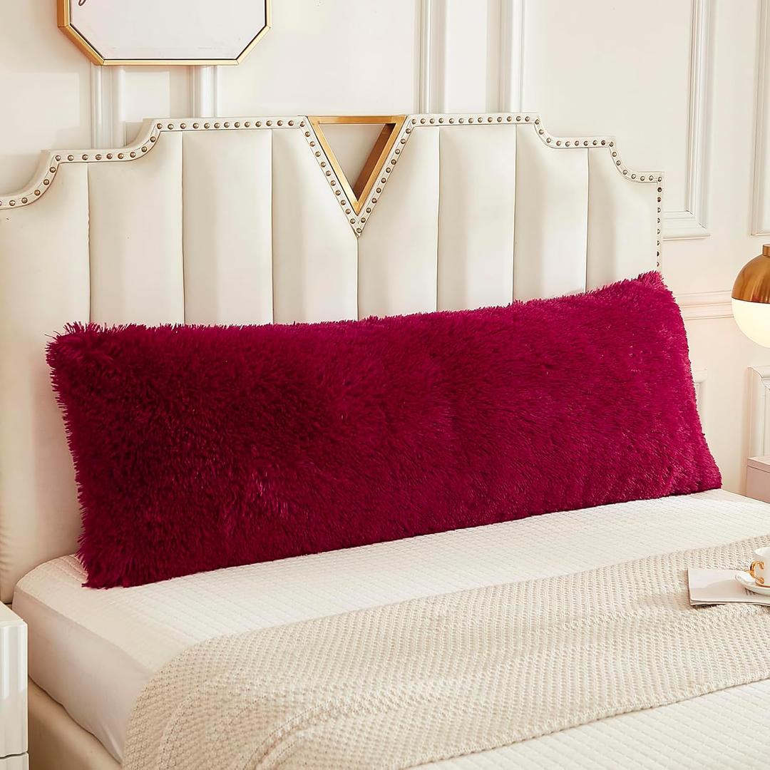 WERDIM Shaggy Fluffy Faux Fur Body Pillow Cover 21"x54" Button Closure Velvet Pillow Shams Throw Body Pillowcase Long Decorative Bed Pillow Case(Burgundy, 21 X 54 Inches)