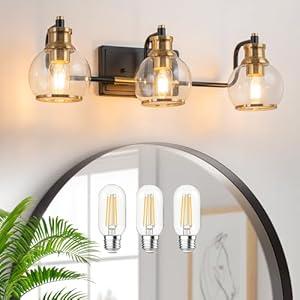 BrkNit 3 Light Modern Bathroom Light Fixtures Over Mirror (LED Bulbs Included), Black Gold Vanity Lights for Bathroom Wall Sconces with Clear Globe Glass Glass Shades