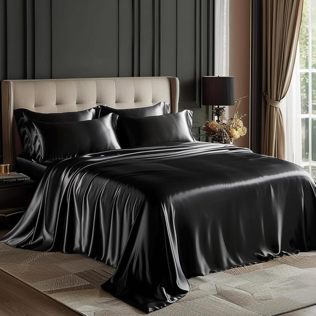 Love's cabin Satin Queen Sheets Set - 4 Piece Black Silky Bed Sheets Set with Deep Pocket, Luxury Silk Feel Satin Queen Size Sheet Set (1 Flat Sheet,1 Fitted Sheet,2 Pillow Cases)
