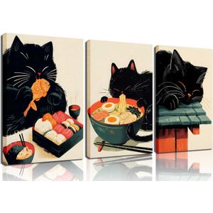 Pack of 3 Japanese Ramen Black Cat Wall Art Cute Animal Cats Eat Food Painting Pictures Tokyo Delicious Noodle Sushi Canvas Prints Hungry Cat Cuisine Poster For Kitchen Teens Room Wall Decor Framed