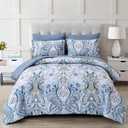 Drucon Blue Paisley Comforter Set Queen, 7 Pieces Bed in a Bag Boho Comforter Soft Microfiber Blue Paisley Bedding(1 Comforter, 1 Flat Sheet, 1 Fitted Sheet, 2 Pillow Shams, 2 Pillowcases)