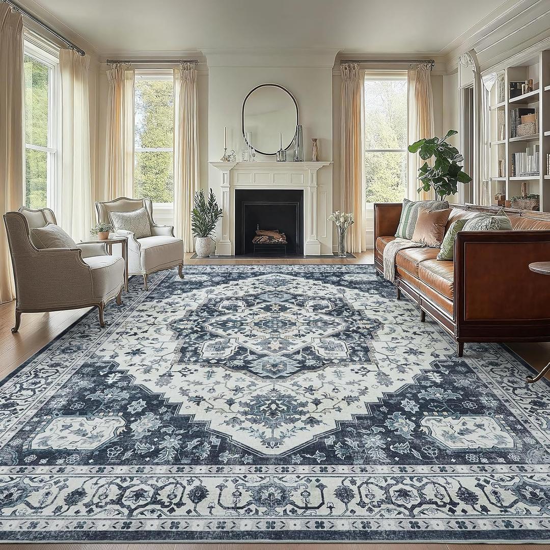 AMADA HOMEFURNISHING 9x12 Area Rug, Washable Low-Profile Large Area Rug with Non-Slip Backing & Durable Edge Binding, Vintage Large Rugs for Living Room, Bedroom