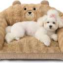 LE SURE Cute Dog Couch Bed, Small Dog Couch with Fluffy Original Bear Design, Cat Couch Bed with Removable Washable Cover, Puppy Bed for Small Pets, 28 inch, Almond