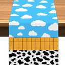 Vohado Cartoon Story Table Runner Cow Pattern Printed Check Birthday Party Decoration Blue Sky and White Cloud Dining Room Home Kitchen Island Decor