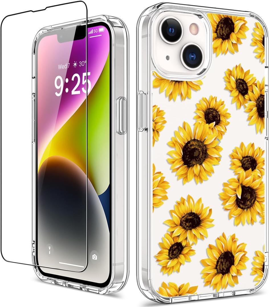 GiiKa for iPhone 14 Plus Case with Screen Protector, 6.7" Clear Full Body Shockproof Protective Floral Girls Women Hard Case with TPU Bumper Cover Phone Case for iPhone 14 Plus, Sunflowers