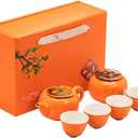 Portable Gongfu Ceramic Tea Set - Beautiful Persimmon-Shaped Chinese Tea Set with Teapot, Tea Can & 4 Cups, Gift Boxed