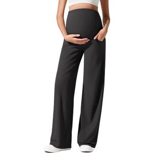G4Free Ribbed Maternity Yoga Pants with Pockets Over The Belly Wide Leg Casual Pregnancy Lounge Trousers (Medium Petite, Black)