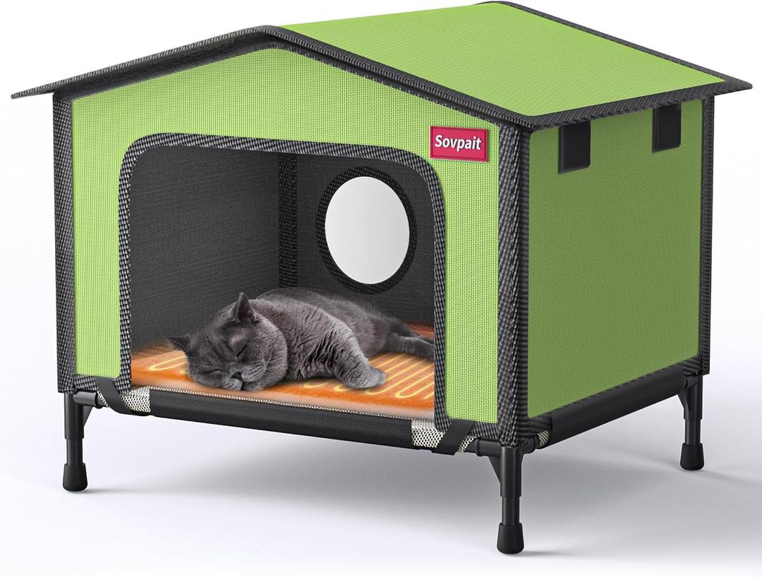 SOVPAIT Outdoor Heated cat House with Heating pad and Escape Door, Waterproof and Warm Stray cat House,Suitable for Indoor, Outdoor, Winter, and Summer(Green, M20*14.8 * 12.8)