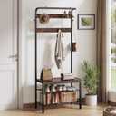 NEWBULIG Coat Rack, Hall Tree with Shoe Bench, 4-in-1 Entryway Organizer with 10 Hooks and Storage Shelf, Rustic Wood Entryway Bench for Mudroom, Living Room, Bedroom, Brown