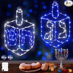 Meonum 2 Pack Hanukkah Decorations Window Lights, 8 Modes Blue White Chanukah LED Silhouette Lights Battery Operated with Timer for Jews Judaism Synagogue Passover Hanukkah Party Decor (Dreidel)