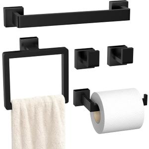 5-Pieces Matte Black Bathroom Hardware Accessories Set, SUS304 Stainless Steel Bath Towel Bar Set, Towel Racks for Bathroom Wall Mounted