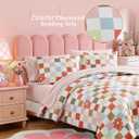 AMBERSPACE Queen Comforter Set for Girls, Colorful Checkered Bedding Set with Cute Floral, All Season Plaid Kids Bed in a Bag 7 Pieces with Sheets, Pillowcases & Shams