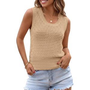 Saodimallsu Womens Summer Crochet Cover Up Sleeveless Scoop Neck Mesh Knit Beach Vacation Sweater Vest Khaki (Brown)