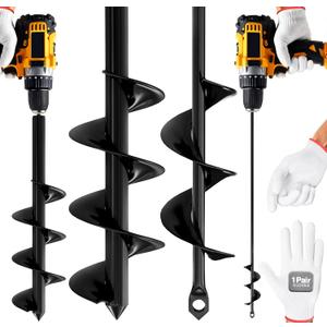 2pk Auger Drill Bit for Planting with Gloves (1.6 x 16 Inch & 3.5 x 16 Inch Set) - Heavy Duty Garden Spiral and Bulb Planter Tool for Digging Holes - Compatible with 3/8 Inch Hex Drive