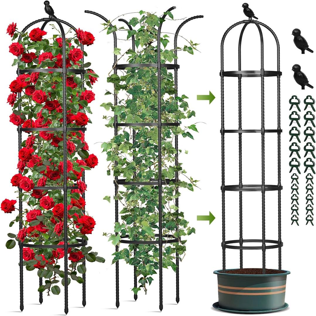 Garden Obelisk Trellis for Climbing Plants Outdoor, 6.2 FT Tomato Cage, Rose, Flowers, Grape, Pea, Cucumber Trellis, Rustproof Plastic Coated Metal Plant Support Trellis for Potted Plants (2 Pack)