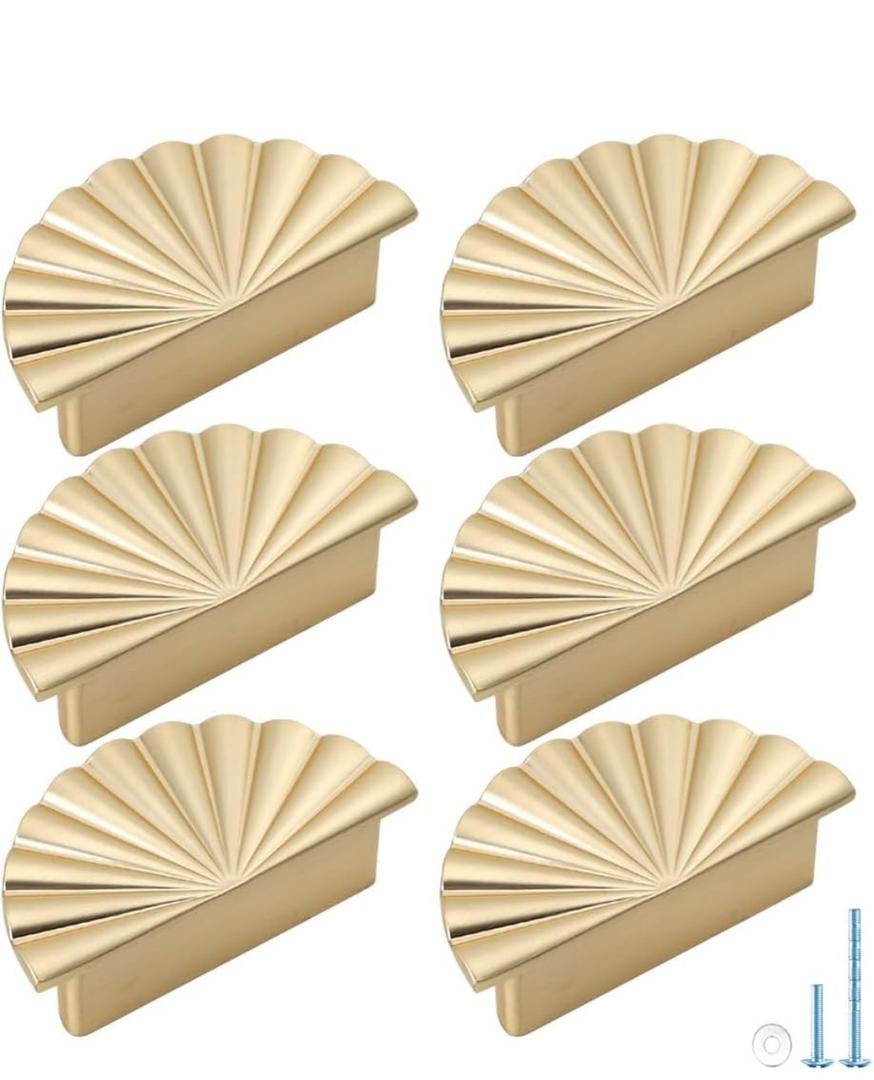 6 Pack Semicircle Sunflower Brushed Gold Cabinet Pulls,Brass Drawer Handles Knobs,Half Round Kitchen Cabinet Handles,Finger Edge Pulls Knobs with Screws (6, Brushed Gold, 2.5'' Hole Center)