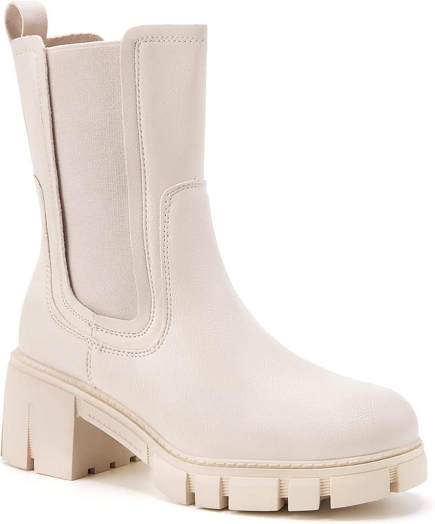 TINSTREE Women's Lug Sole Platform Boots Mid Calf Elastic Chunky Block Heel Leather Chelsea Booties (9, White)