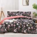 Mooreeke Floral Queen Size Comforter Sets, Black Pink Vintage Botanical Flower Printed Bedding for All Seasons, 3-Piece Vintage Bed in a Bag with Fluffy Quilted Reversible Comforter & 2 Pillow Shams