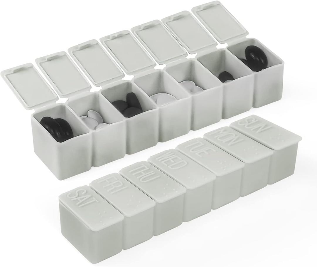 2 x Weekly Small Pill Organizer, 7 Day Pill Case, Daily Vitamin Case Medicine Box, Pill Containers for Medicine Supplements Fish Oil(2Pcs,Grey)