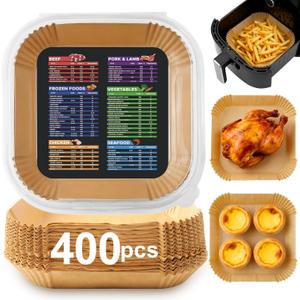 400 Pcs Air Fryer Liners Disposable, 8 Square Unbleached Heavy Duty Air Fryer Paper Liners, Parchment Paper for 5-8 qt Airfryer Basket, Non-Stick & Non-Leak Airfryer Liners for Deep Fryer Accessories