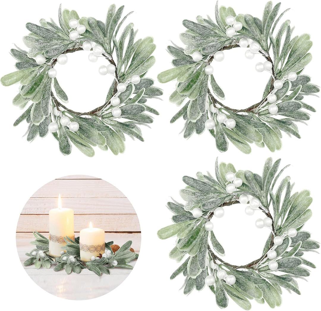 Gejoy 3 Pcs Christmas Pillar Candle Rings Wreaths Small Christmas Artificial Mistletoe Candle Wreath with Pearl Accents for Table Centerpiece Front Door Pillar Holder Decoration(White Pearl)