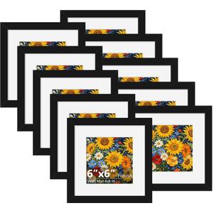 6x6 Picture Frame Sef of 10, Display Pictures 4x4 with Mat or 6 x 6 without Mat, Square Photo Frame Collage for Wall Gallery Decor, Hanging or Tabletop Display, Black