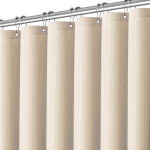Beige Fabric Shower Curtain - Waffle Textured Heavy Duty Shower Curtains for Bathroom, 256GSM Hotel Spa Luxury Weighted Bath Curtain with 12 Hooks, 72x96, Beige