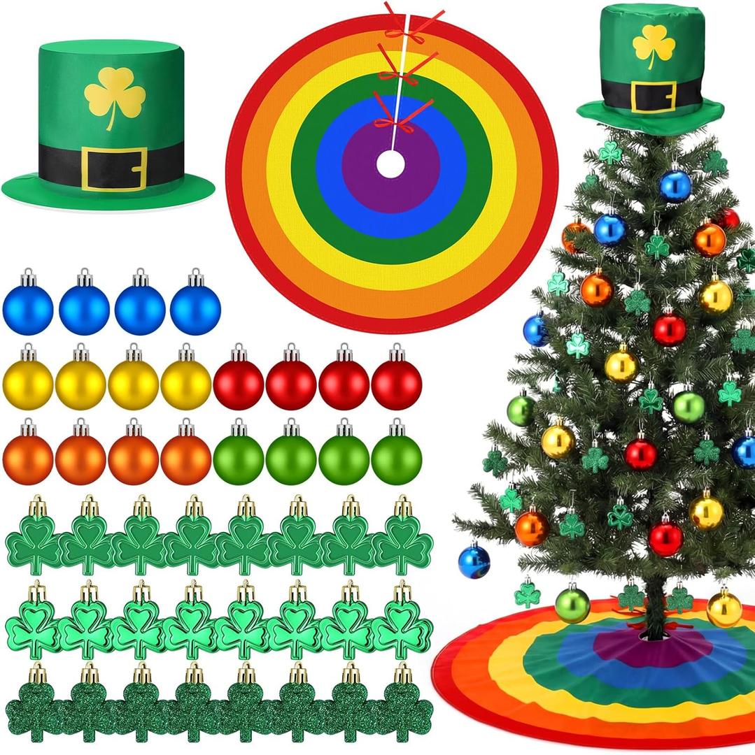 Skylety 46 Pcs St. Patricks Day Tree Ornaments Shamrock Ornaments Green Irish Hat Topper Decorations Rainbow Ball Colorful Tree Skirt Hanging Decor for Saint Patty's Spring Party