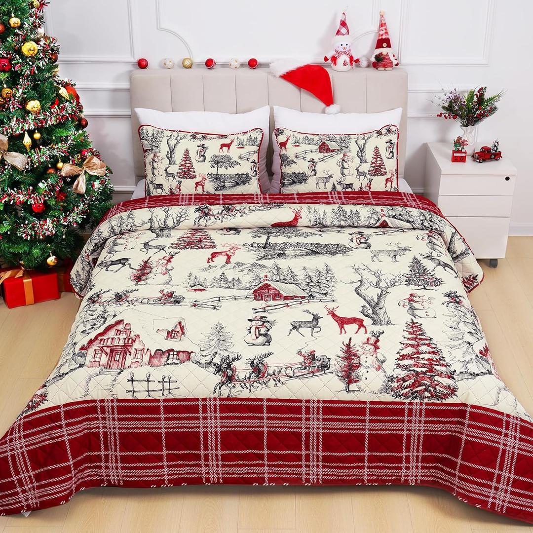 FRAMICS Christmas Quilts Set 3 Piece, King Size Quilts, Reversible Comforter Red Plaid Printed Quilt, Snowman Moose Farmhouse Quilts, Lightweight Comforter Set, 96" x 106", 1 Quilt+ 2 Pillow Shams