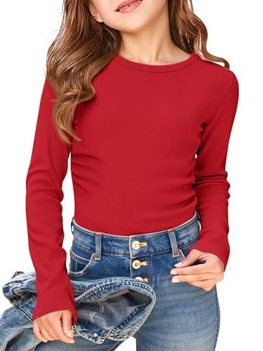 Haloumoning Girls Long Sleeve Shirts Crewneck Ruched Side Slim Fit Tops Ribbed Knit Casual Tee Shirt s Red 110