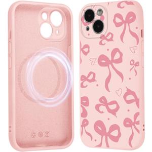 Cute Coquette Bow Heart Phone Case for iPhone 14 Magnetic Case 6.1", Compatible with Magsafe, Aesthetic Ribbon Bowknot Pattern Cover Soft Liquid Silicone Protection Women Girls Funda, Pink