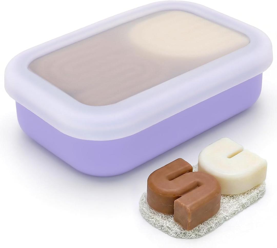 Enhanced Leakproof Silicone Travel Shampoo bar Holder, Shampoo and Conditioner Bar Container, Soap Box for Handmade Soap, Shatterproof Soap Holder for Save Soap (Clear&Violet)