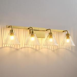 AIJIASI Bathroom Vanity Light Fixtures 4-Light Modern Vanity Lights for Bathroom Brass Gold Bathroom Lighting Fixtures Over Mirror with Ribbed Glass Shade for Bath Restroom 34 Inch