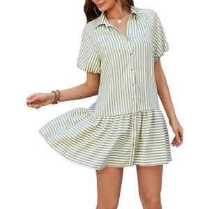 Womens Summer Striped Shirt Dress Short Puff Sleeve Button Down Ruffle Flowy Dress Loose Fit Casual Beach Wear (Green, XL)