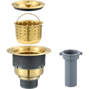 ROVOGO 3-1/2 inch Kitchen Sink Drain Assembly with Removable Deep Strainer Basket, Sealing Stopper Plug and Tailpiece, 304 Stainless Steel Drain with Extended Threads for Thicker Sinks, Gold