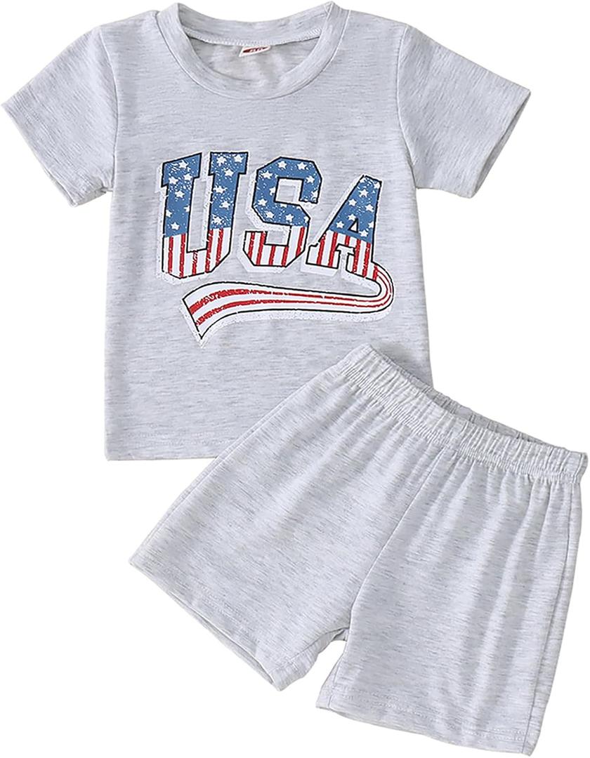 Toddler Baby 4th of July Outfit Boy Girl Oversized Romper USA Shirts Shorts Set American Flag Matching Clothes (Grey, 12-18M)