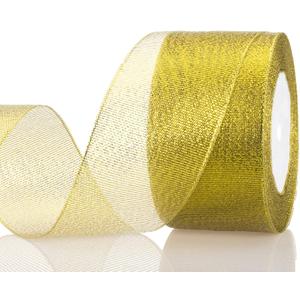 2 Inches Gold Glitter Ribbon, 25 Yards Sparkly Metallic Fabric Ribbons for Gifts Wrapping Wedding Party Decoration and Crafts