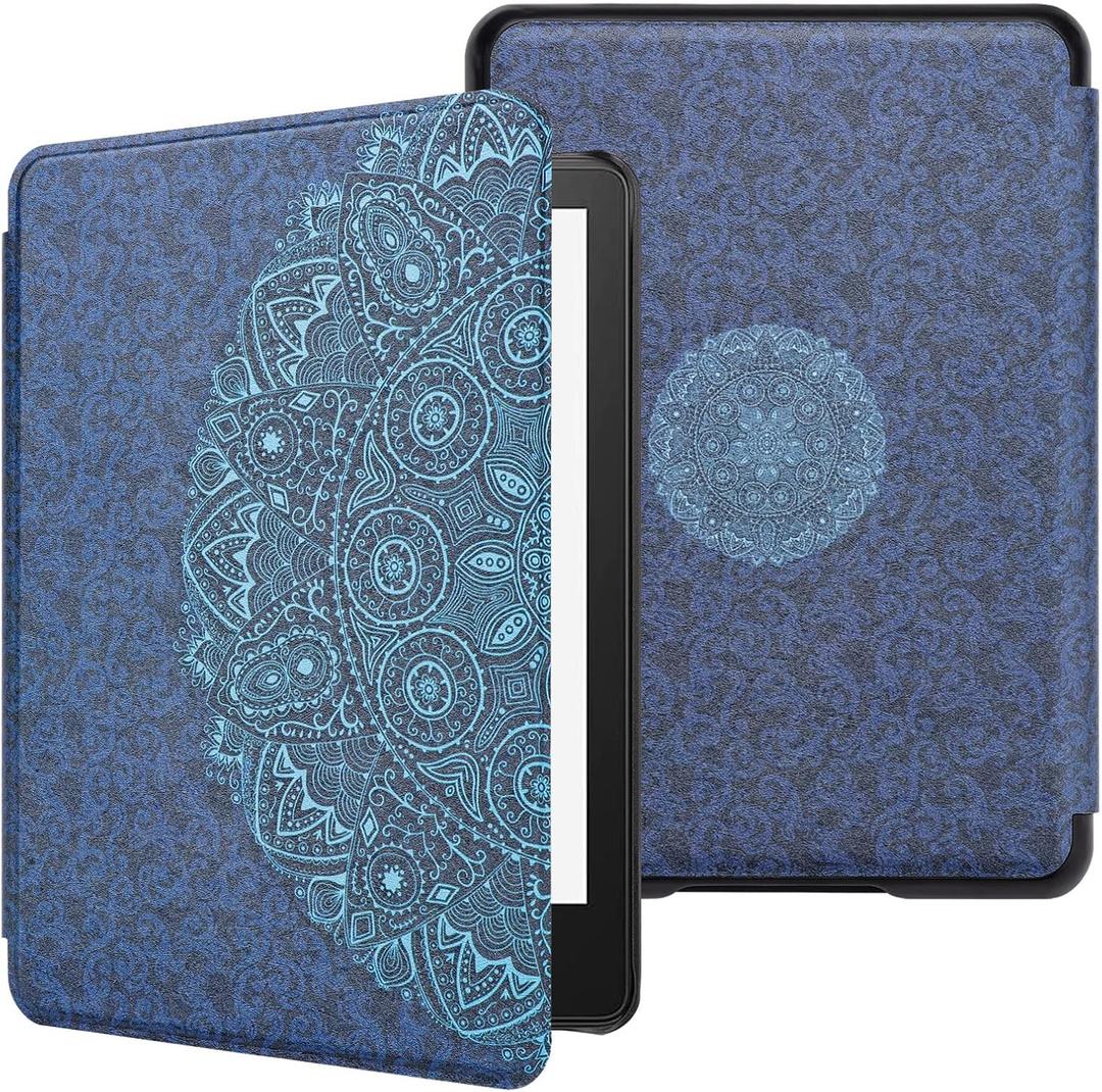 WALNEW Case for 6.8” Kindle Paperwhite 11th Generation 2021- Premium Lightweight PU Leather Book Cover with Auto Wake/ Sleep for Amazon Kindle Paperwhite 2021 Signature Edition/ Kids E-Reader, Blue Flowers